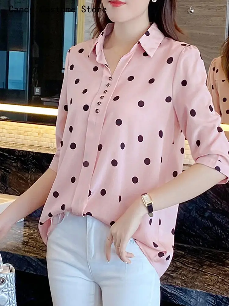 пуловер Мода Женщина Блузки Женская рубашка в горошек Блузки Летний шифон Половина рукава Пуговицы Офис Женский Топ Camisas