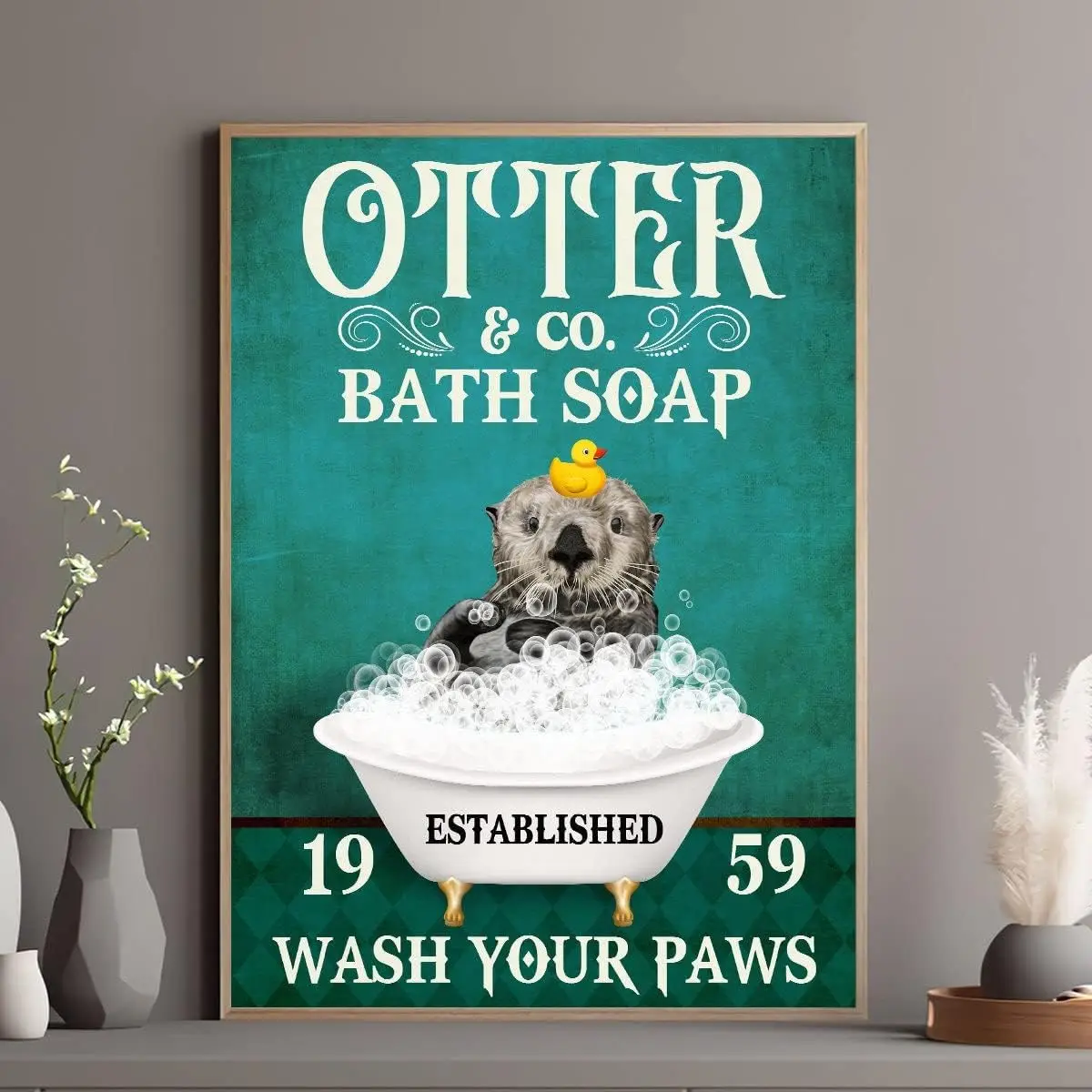 Ретро металлический жестяной знак 5,5 х 8 дюймов Забавное мыло для ванны Otter Co Wash Your Paws Плакат Забавная выдра Ванна Плакат Забавный плакат с выдрой