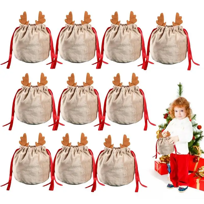 Рождественские сумки Небольшой набор из 10 рождественских сумок с подарками Бархатные конфеты Сумка для хранения закусок с рогами Рождественский мешок Вечеринка Сувениры