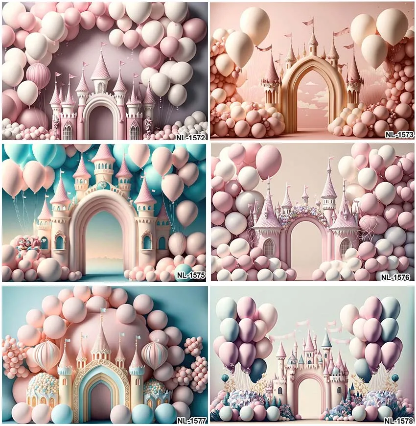 Розовый замок Дворец Воздушные шары Девочки Дети Фоны 1-й день рождения Декор Пользовательский Ребенок Первый Торт Разбить Фотографии Фоны