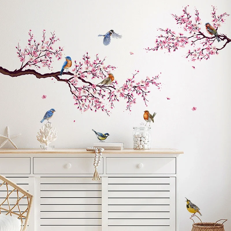 Розовый цветок персика цветы ветка птицы цветочные наклейки на стену для спальни гостиной мебель фон настенные наклейки фрески пвх