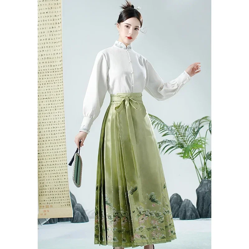 Рубашка с круглым вырезом Платье в китайском стиле Женщины Ханьфу Новый китайский стиль Высококачественная зеленая вышивка Цветок Лошадь Морда Юбка