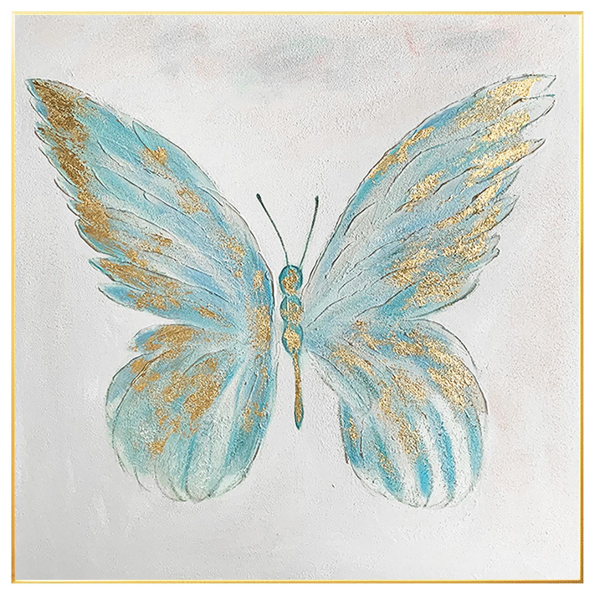Ручная роспись синяя золотая бабочка на холсте, золотая фольга бабочка искусство, гостиная спальня стена домашний декор