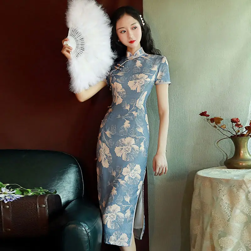 Сексуальный Цветочник Женщины Cheongsam Традиционный китайский мандариновый воротник Qipao Vestidos Элегантный халат Платье Винтаж Вечернее платье