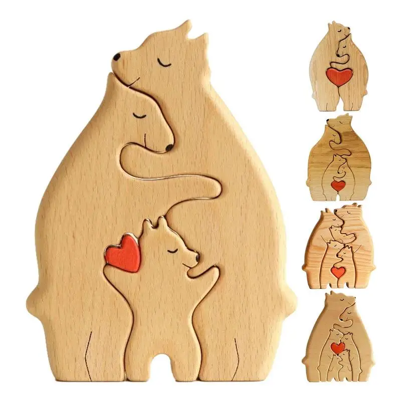 Семейная тема Деревянная художественная головоломка дерево Медведь Семейное сердце Головоломка Статуя Украшение для дома Подарок на день рождения