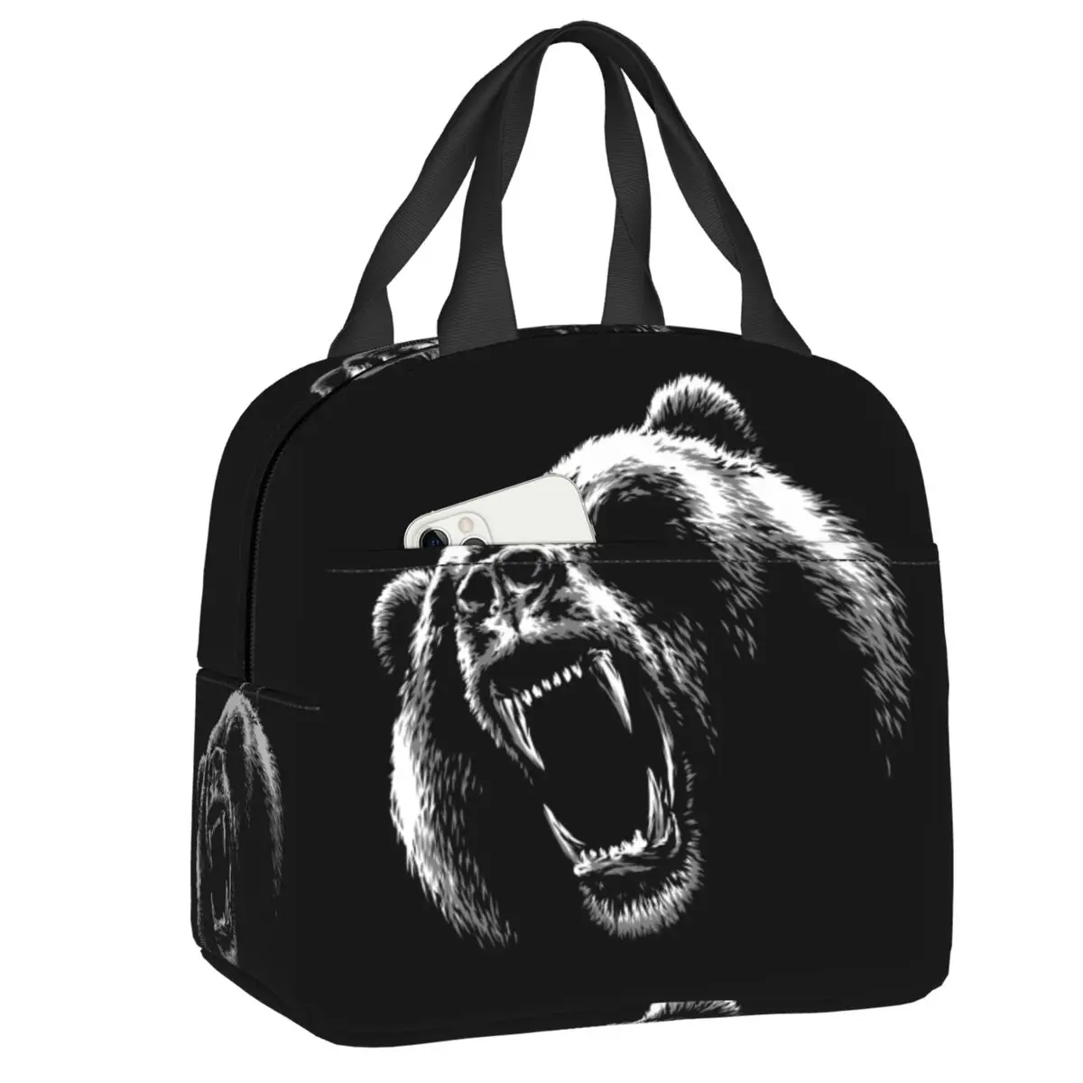  Сердитый черный медведь Изолированная сумка для ланча Герметичный теплый охладитель Термо Ланч Бокс для женщин Дети Школьники Дети Еда Большие Сумки