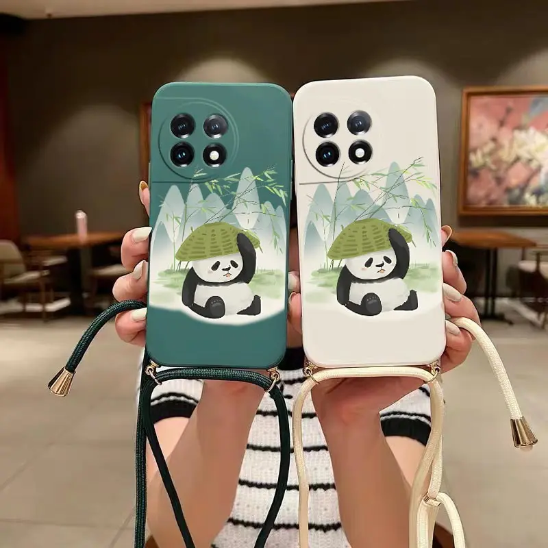 Силиконовый чехол для телефона Pandas and Bamboo Crossbody Lanyard для Oneplus 11R 11 10Pro 10T 10 10R 9RT 9Pro 9 8T 9R Чехол
