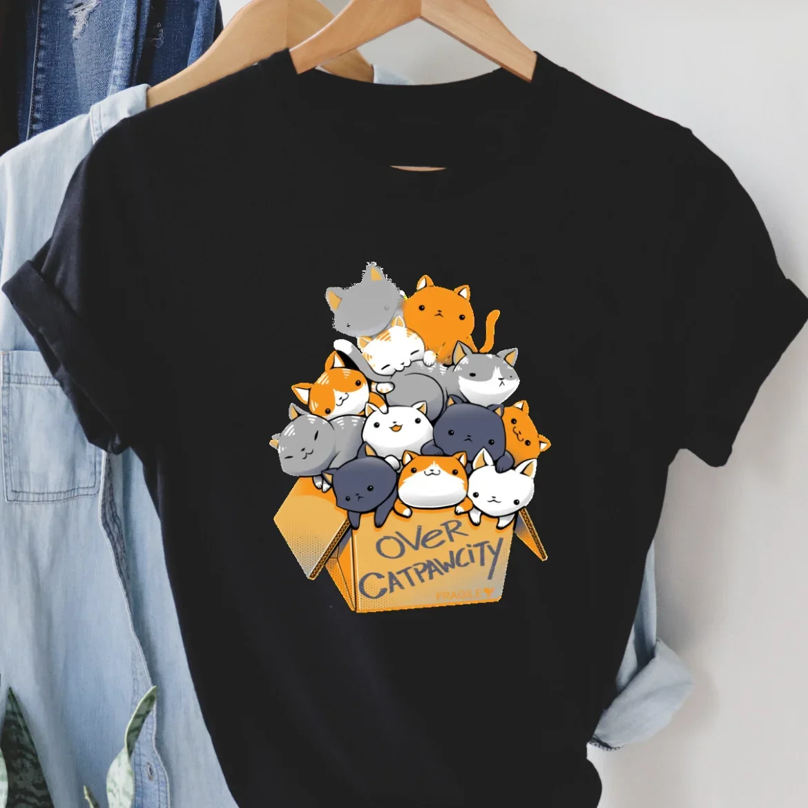  Сладкая женская летняя футболка с короткими рукавами 90-х годов Милый стиль Новый модный тренд Универсальная футболка с кошачьим рисунком одежды Футболка с принтом.