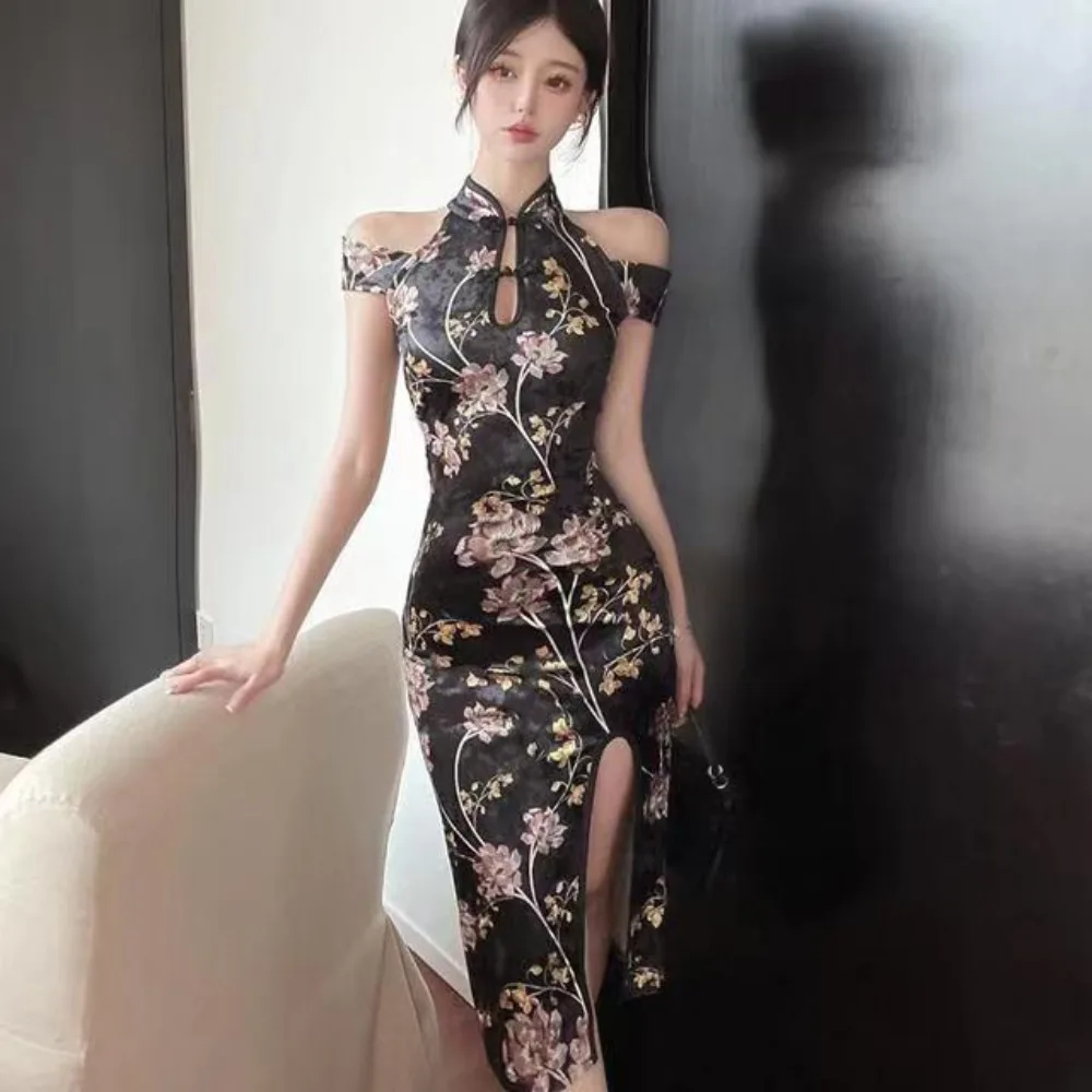 Современное платье Cheongsam Классическое улучшение темперамента Qipao Girl Холодное плечо Черное азиатское платье с цветочным принтом