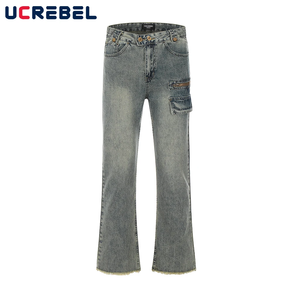 Стиранные ретро джинсовые брюки мужские High Street Состаренные необработанные края Свободные расклешенные брюки для мужчин