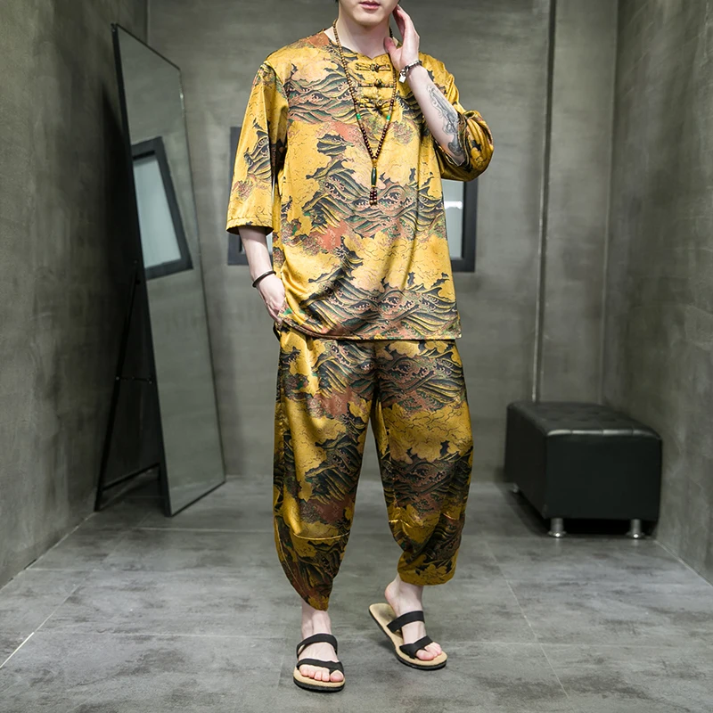 (Топ+Брюки)Мужская одежда Свободные летние повседневные комплекты Синизм Винтаж Тан Костюм для мужчин Футболка с принтом и средним рукавом + укороченные брюки