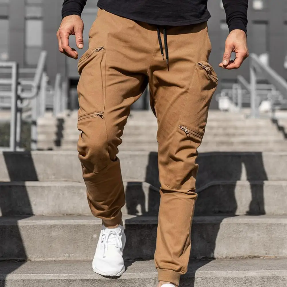  Тренировочные брюки с несколькими карманами на молнии Однотонные мужские брюки-карго с завязкой на щиколотке и средней талией для занятий спортом на открытом воздухе