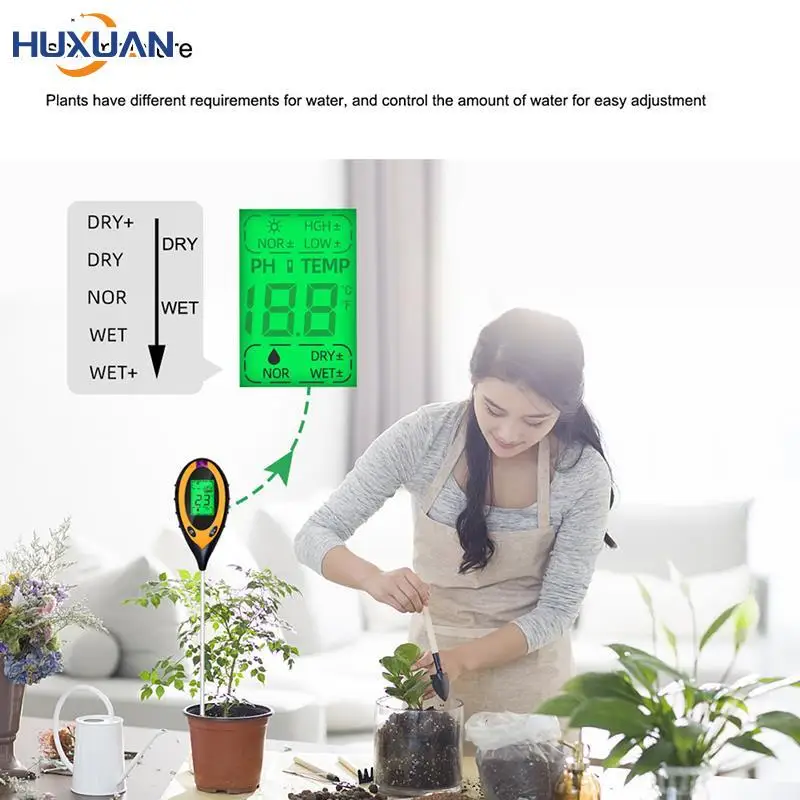 Цифровой 3 в 1 / 4 в 1 Почва PH-метр Монитор влажности Температурный тестер солнечного света для садоводства Растениеводство