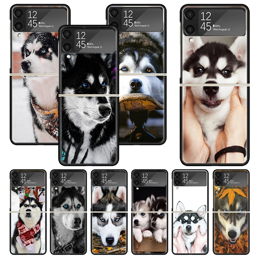  Чехол с принтом сибирской собаки для Samsung Galaxy Z Flip 3 4 5 5G Черная жесткая оболочка мобильного телефона ZFlip3 Flip4 Flip5 Узор Крышка