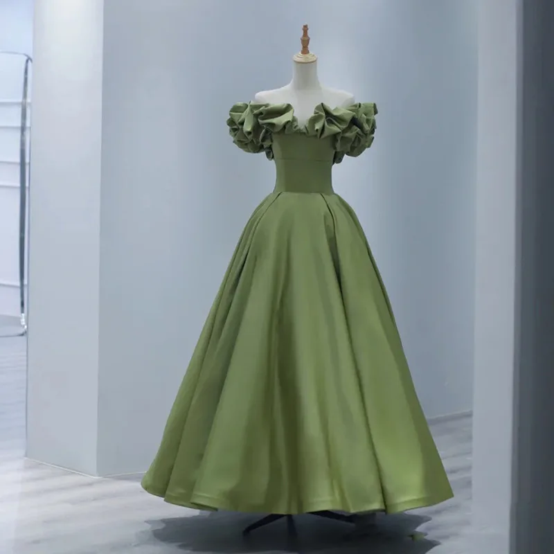 Элегантное атласное вечернее платье Женское макси-платье Сексуальное зеленое банкетное платье с открытыми плечами Французский стиль А-силуэт халат de soiree
