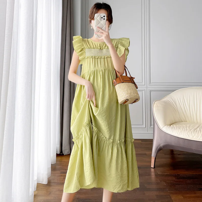 Элегантное зеленое платье для беременных Новая одежда для беременных женщин O-Neck Flyff Sleeve Plus Size Платье Мода Платья для беременных