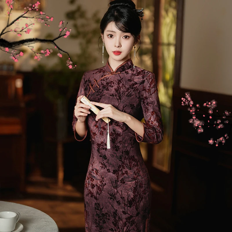 Элегантный традиционный китайский Cheongsam Autumn Новый с длинным рукавом Qipao Вечернее платье для вечеринки Большие размеры 4XL Мандариновый воротник Vestidos
